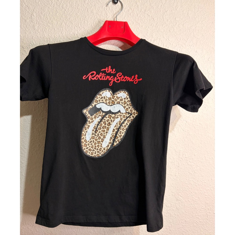 Rolling Stones Kids T-Shirt Black Leopard Print Tongue Logo Graphic Tee L 10-12